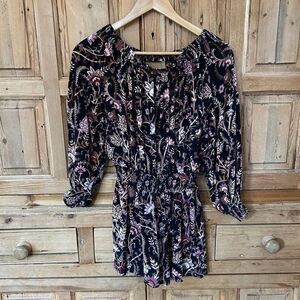 Free People XS Romper Shorts Black Pink Floral Open Back‎ Off the Shoulder